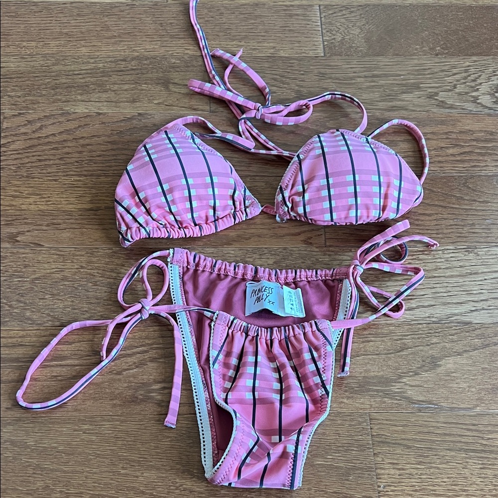 Princess Polly size 2 Pink Plaid Bikini set triangle top high waisted bottom